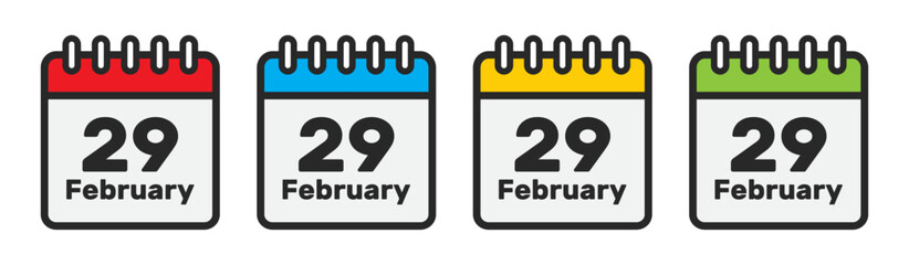 29 February 2024 leap year day calendar vector set in four different colors with outline. - obrazy, fototapety, plakaty