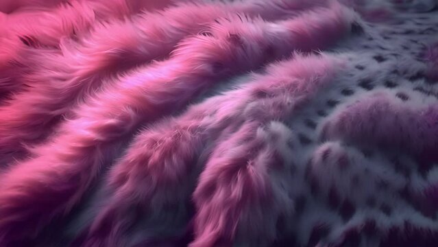 Purple pink soft plush fur background texture. Delicate soft background of plush fabric folds. Copy space.mp4. loose folds on the fabric of faux fur of lilac color. Neon colors moving