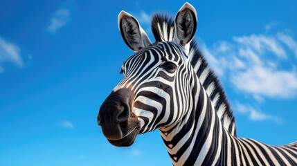 Close up of a zebra's face with a clear blue sky in the background. Perfect for wildlife or animal-themed projects