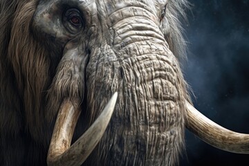 Close-up view of an elephant's face, showcasing its long tusks. Perfect for nature and wildlife enthusiasts