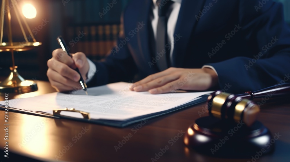 Poster A man in a suit signing a document at a desk. Suitable for business and office-related concepts