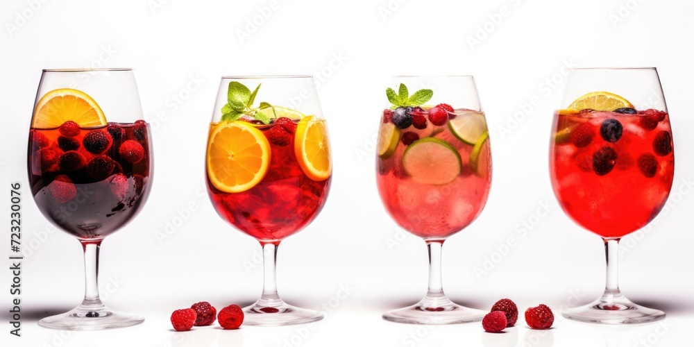 Poster A row of glasses filled with different types of drinks. Ideal for use in beverage promotions or restaurant menus