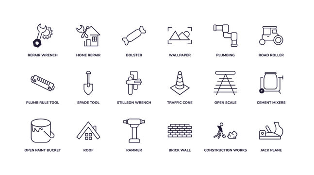 editable outline icons set. thin line icons from construction tools collection. linear icons such as repair wrench, wallpaper, stillson wrench, open paint bucket, brick wall, jack plane