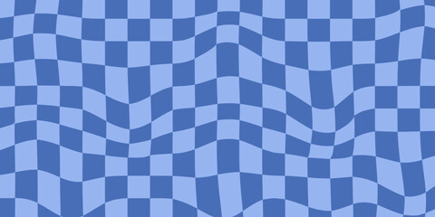 Retro Groovy Wavy Psychedelic Checkerboard Y2K Background. 60s 70s 90s Check Blue Color Backdrop - obrazy, fototapety, plakaty