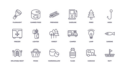 editable outline icons set. thin line icons from camping collection. linear icons such as flashlight, gasoline, forest, inflatable boat, flask, raft - obrazy, fototapety, plakaty
