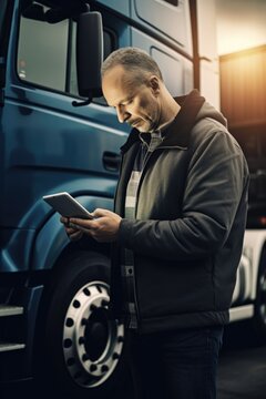 A man stands in front of a truck, looking at a tablet. This image can be used to depict technology in the transportation industry