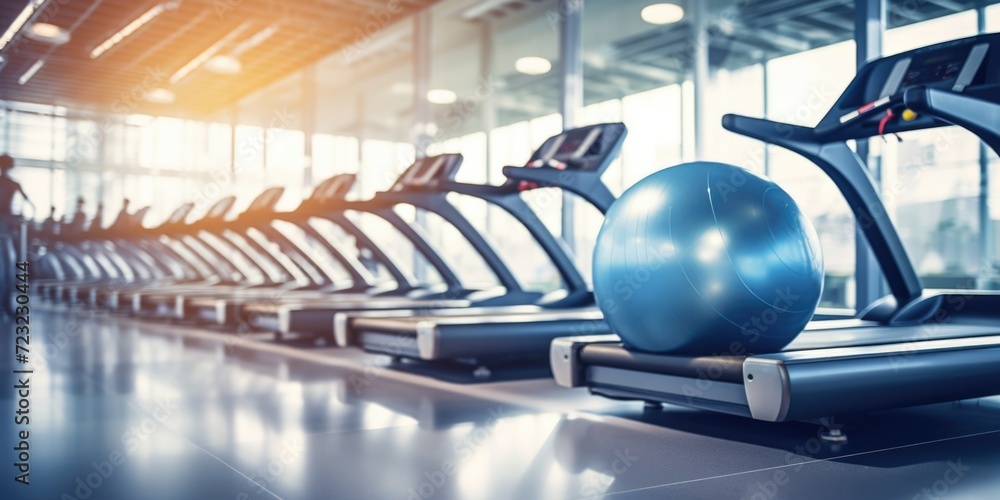 Poster A row of tread machines in a gym. Ideal for fitness and exercise concepts