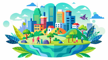Colorful vector illustration of sustainable city and nature - obrazy, fototapety, plakaty