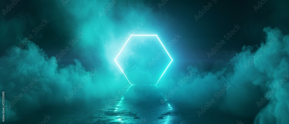 Poster an enigmatic abstract background with a neon pentagon in the center, emerging from a mysterious, fog