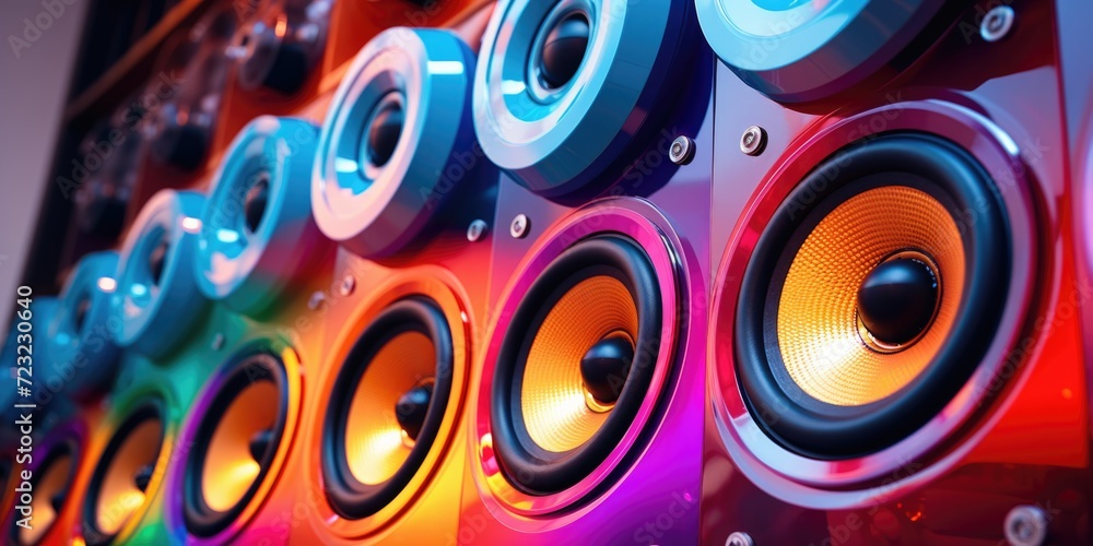 Aufkleber A vibrant wall of speakers with different colors. Perfect for adding a pop of color and style to any music-related project