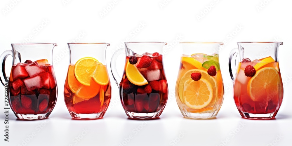 Poster A row of glasses filled with different types of drinks. Perfect for showcasing a range of beverages.