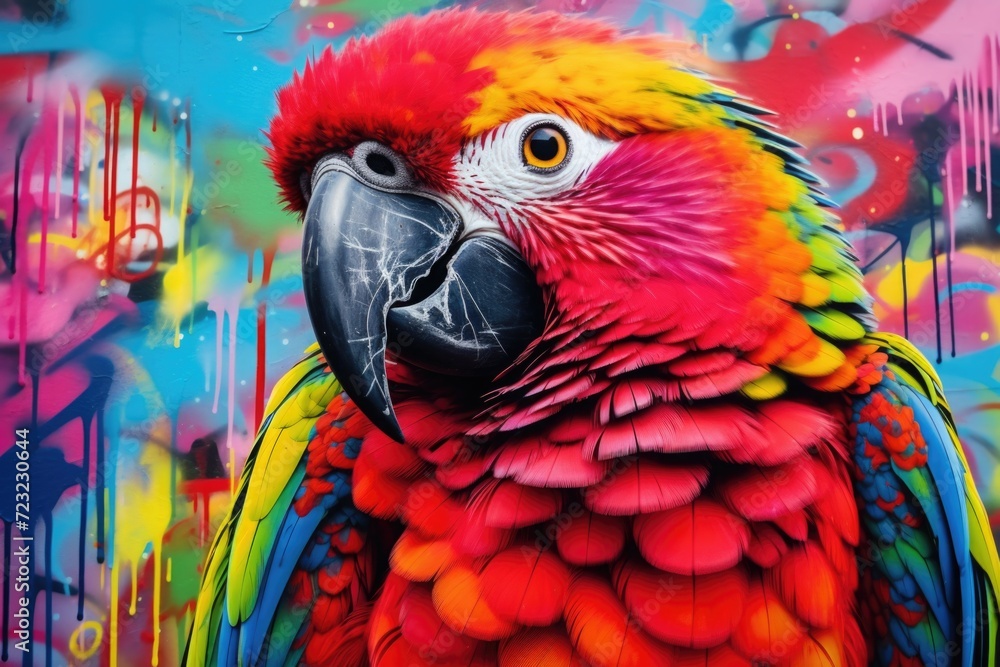 Poster A brightly colored parrot stands in front of a vibrant background. Perfect for adding a pop of color to any design project