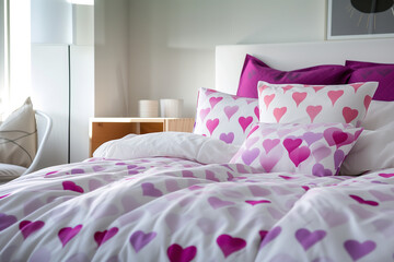 Cozy Bedroom with Heart Pattern Bedding