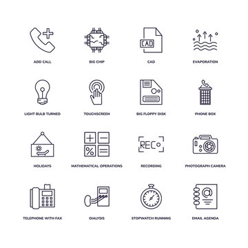 editable outline icons set. thin line icons from technology collection. linear icons such as add call, cad, big floppy disk, recording, dialysis, email agenda