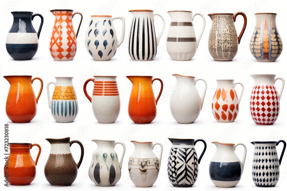 Poster A collection of various colored vases placed on a clean white surface. This image can be used for interior design projects or as a decorative element in home decor