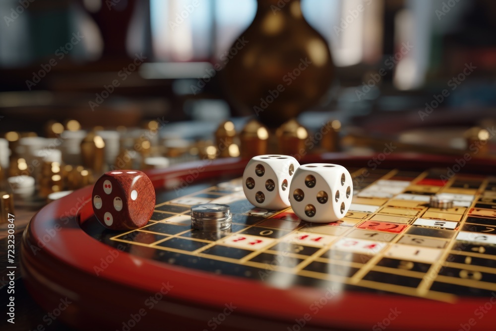Poster Two dice are shown in a close-up view on a table. This image can be used for various purposes