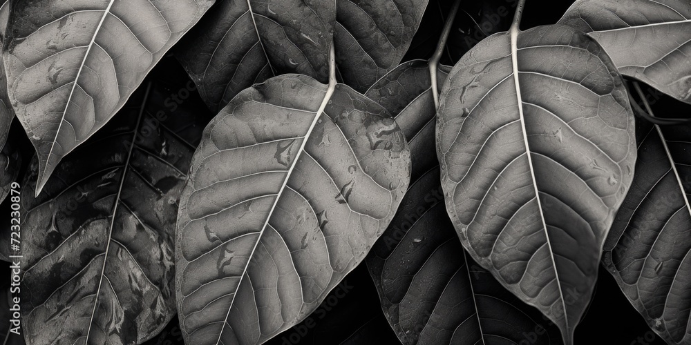 Poster a black and white photograph featuring a bunch of leaves. this versatile image can be used for vario
