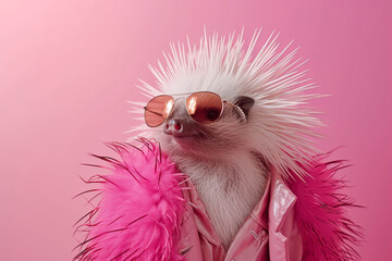 cute hedgehog wearing clothes and glasses on an yellow background. Funny fashion hedgehog wearing sunglasses. Funny, cute photo of animal looks like a human on trend poster. Zoo club
