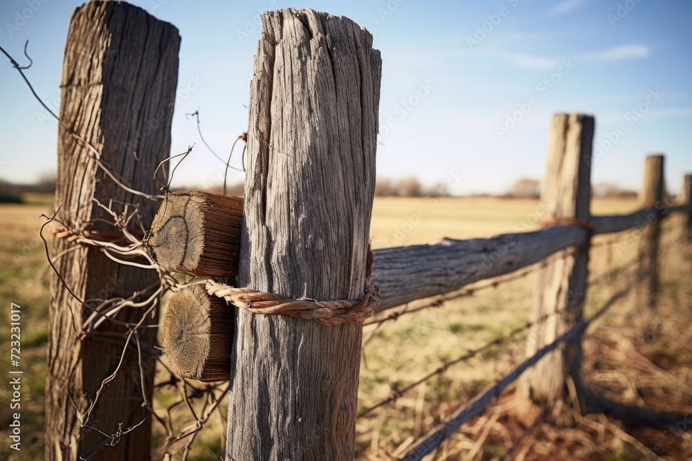 Poster A detailed view of a wooden fence in a serene field. Perfect for adding a rustic touch to any project or design
