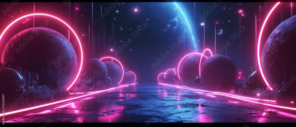 Aufkleber artistic studio with a deep-space black theme, accented with neon circles and lines, creating a cosm