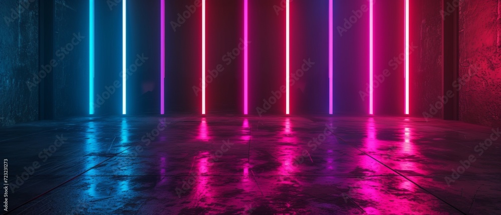 Aufkleber bold studio setting with a dark black abstract theme, neon light bars creating a pattern, infusing e
