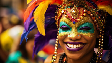 mardi gras parade, with floats and costumes, making its way through the streets, created with...