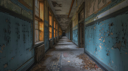 Fototapeta na wymiar An old empty school with echoing hallways and peeling paint.