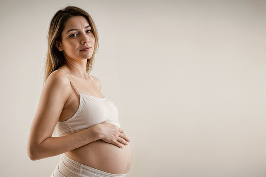Dolce Attesa- Donna Incinta di mezza et&agrave; in Piedi su uno Sfondo tortora II