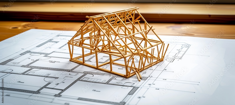 Poster wooden frame house model on blueprints with copy space for building project text