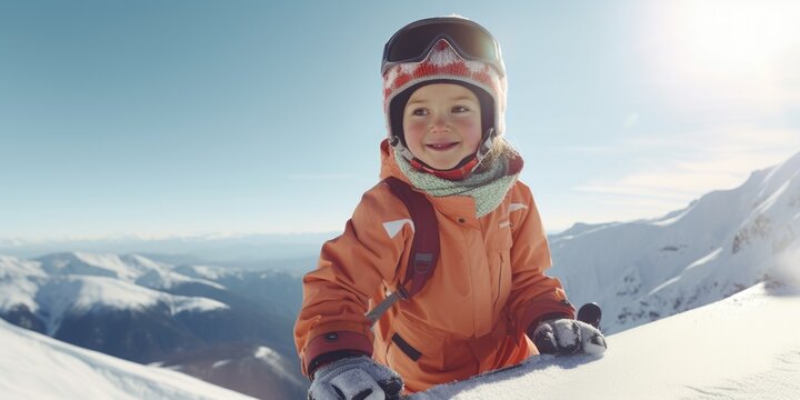 A young boy wearing an orange jacket and goggles is pictured on a snowy mountain. This image can be used to depict winter sports and outdoor activities