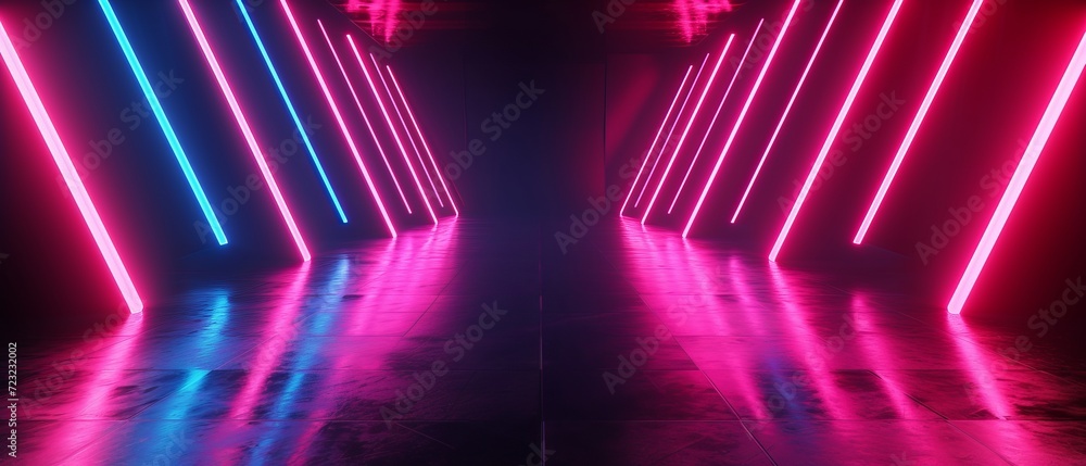Aufkleber bold studio setting with a dark black abstract theme, neon light bars creating a pattern, infusing e
