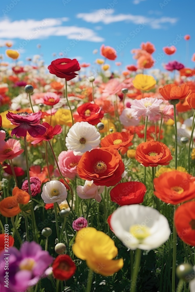 Poster A vibrant field of colorful flowers under a clear blue sky. Perfect for adding a pop of color to any project or design