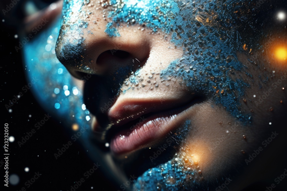 Poster A close up of a person with glitter on their face. Perfect for adding sparkle and glam to your designs