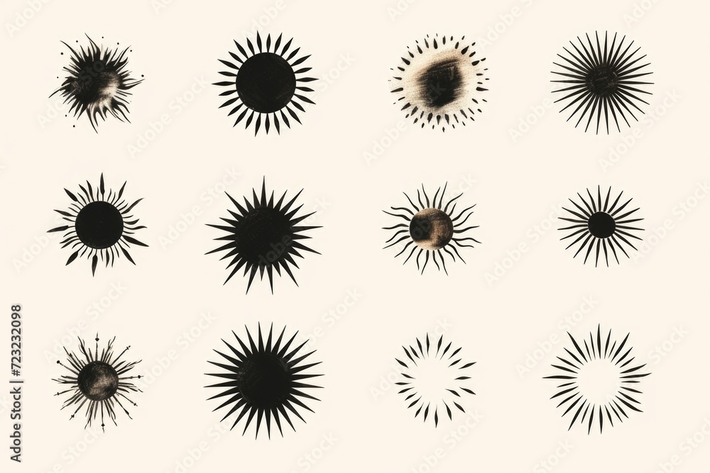 Poster a collection of black and white sunbursts on a white background. perfect for adding a retro touch to