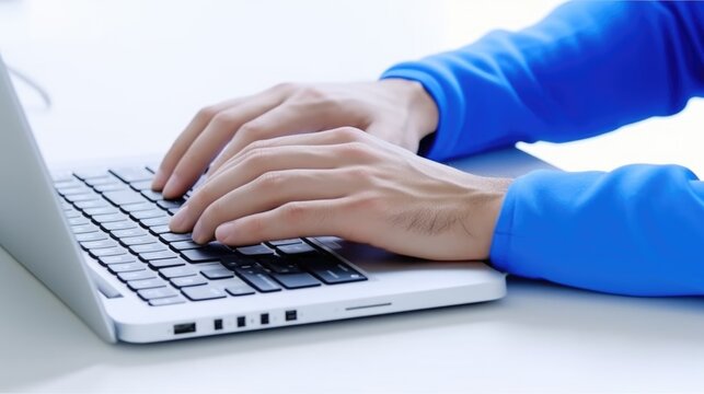 A person is typing on a laptop computer. This image can be used to depict work, technology, or productivity