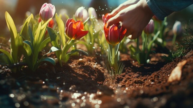 A person is seen sprinkling water on a beautiful arrangement of flowers. This image can be used to depict gardening, nature, or the act of nurturing plants
