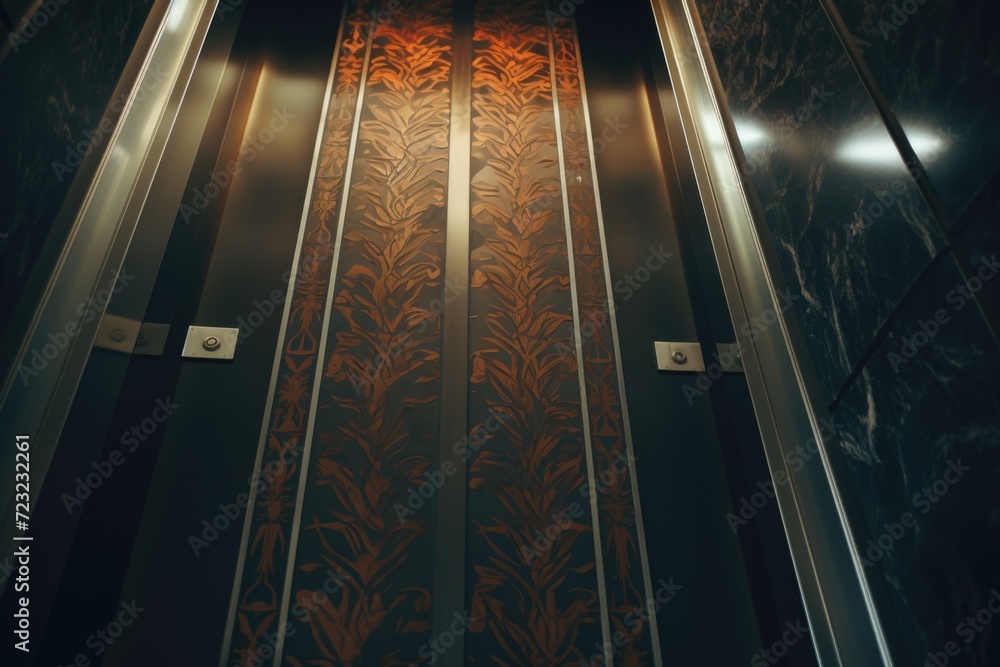 Poster An elevator with the doors open and the lights on. Suitable for illustrating concepts related to modern architecture and urban life