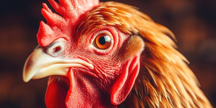 Close-up view of the head of a red rooster. This image can be used to depict farm animals or as a symbol of confidence and pride.
