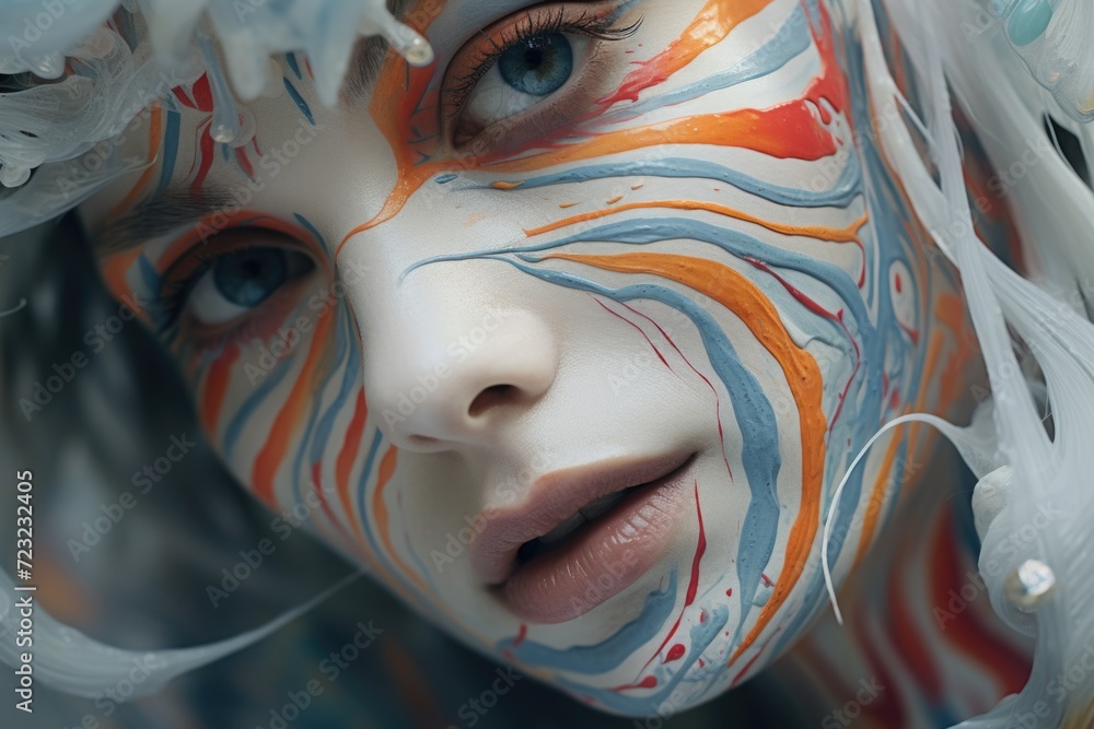 Poster A close up view of a person with a painted face. This image can be used for various purposes