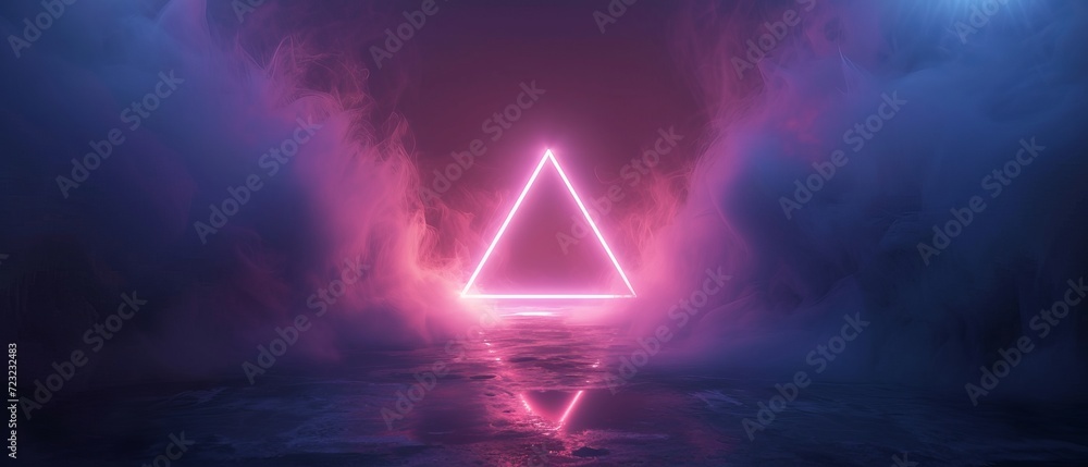 Poster an enigmatic abstract background with a neon pentagon in the center, emerging from a mysterious, fog