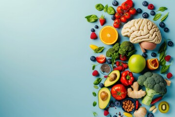 Brain nutrition, biohacking concept with human brain and healthy food in futuristic style on blue minimalism copy space