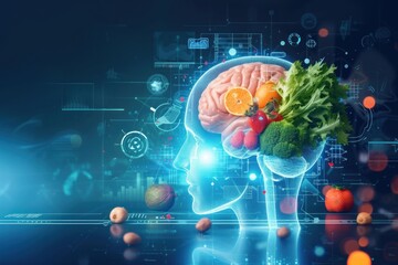 Brain nutrition, biohacking concept with human brain and healthy food in futuristic style on blue minimalism copy space