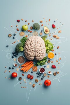 Brain nutrition, biohacking concept with human brain and healthy food in futuristic style on blue