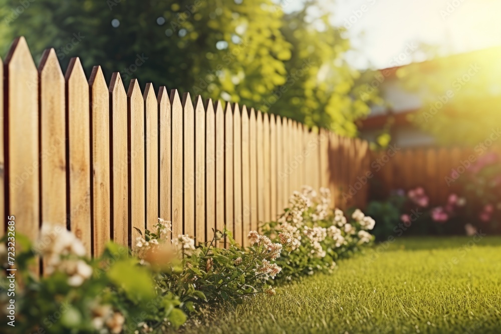 Poster a wooden fence in a backyard with vibrant flowers in the foreground. perfect for adding a touch of n
