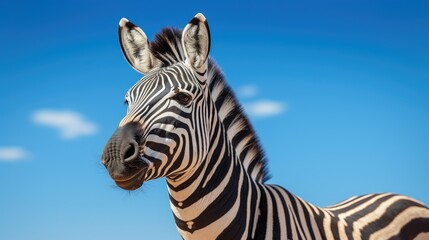 A close up of a zebra's face against a blue sky. Perfect for nature or wildlife themed designs