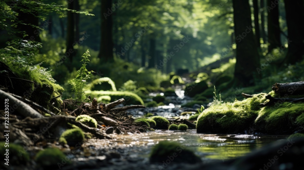 Poster a picture of a stream flowing through a vibrant and lush green forest. perfect for nature enthusiast