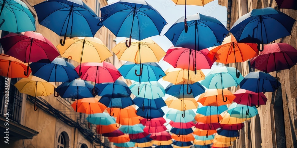 Aufkleber colorful umbrellas hanging from the ceiling of a building. can be used to add a vibrant and unique t