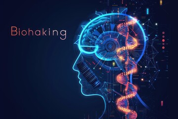 Head silhouette with gear brain bio hacking concept  illustration. Face profile with improved gear mechanism brain, blue, orange dna molecule helix and big sign biohacking on digital background