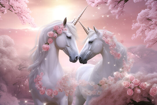 fantasy unicorn couple in pink floral valentine day background, close up