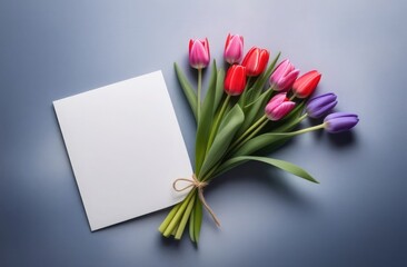 tulip flower bouquet, empty piece of paper card on grey background. Copy space for text.